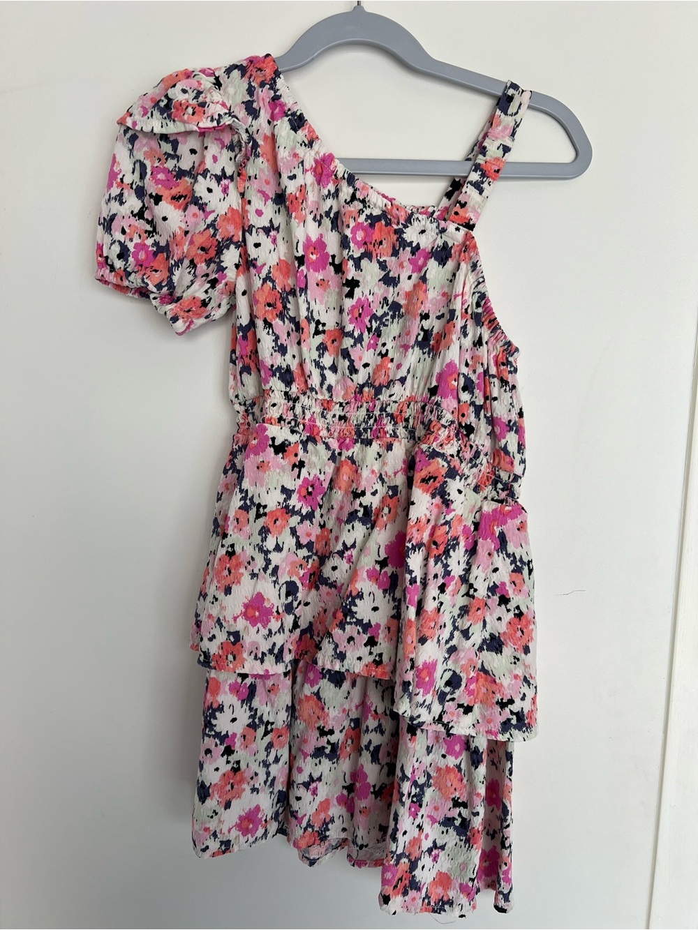 One-Shoulder Floral Tiered Dress in Pink, Coral, and Navy